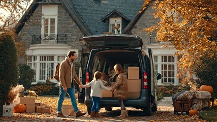 Joyful family unloads boxes from a car in front of their new home, celebrating a fresh start filled with laughter and shared dreams.