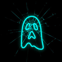 Neon ghost illustration with shattered glass background for Halloween  