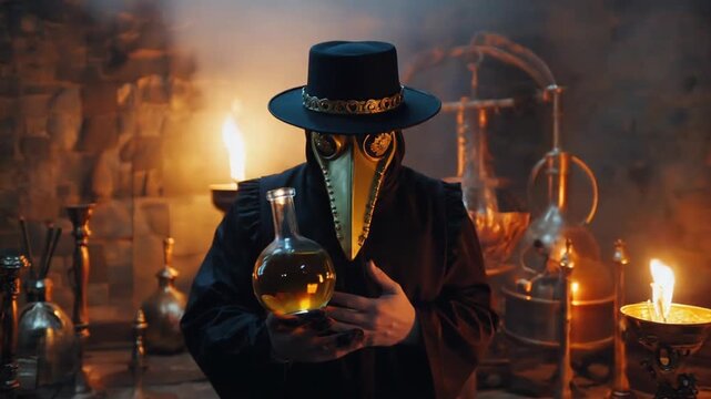 Plague doctor with a potion.	
