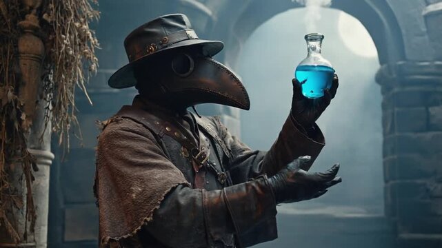 Plague doctor with a potion.	
