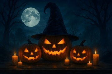 Eerie Halloween Jack-o'-Lanterns under a Full Moon.Nighttime Halloween Scene with Pumpkins and Candles