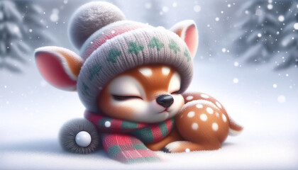 Funny 3D adorable cartoon deer sleeping in a snowy landscape