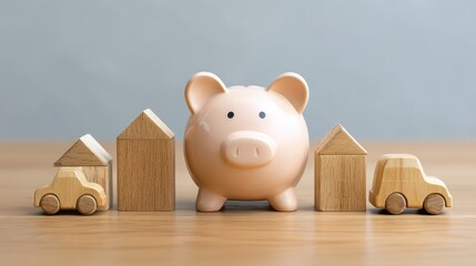 Wooden toys of cars and houses arranged alongside a pink piggy bank representing saving, investment, and financial growth for families and children in a light natural setting