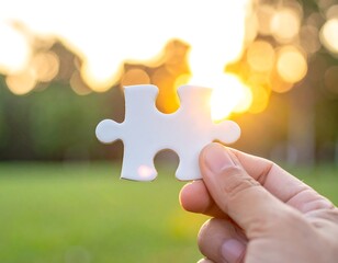 A hand holds a single white puzzle piece with a blurred background