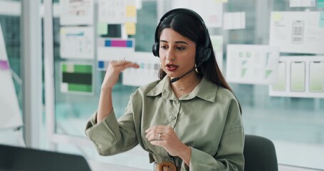 Analytics, laptop and video call with business woman in office for social media feedback or management. Computer, explain and headset with employee in workplace for online engagement or reach - Powered by Adobe