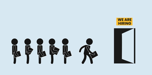 Stickman Characters Standing in Line for Job Interview with ‘We Are Hiring’ Sign
