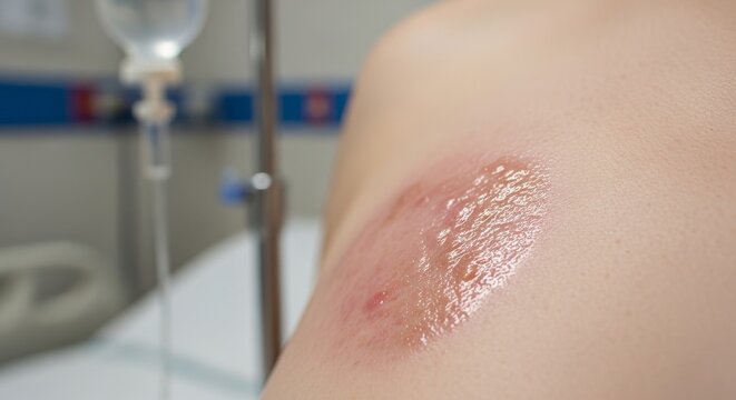 Close-up of a painful second-degree burn wound on human skin, hospital care with IV drip.