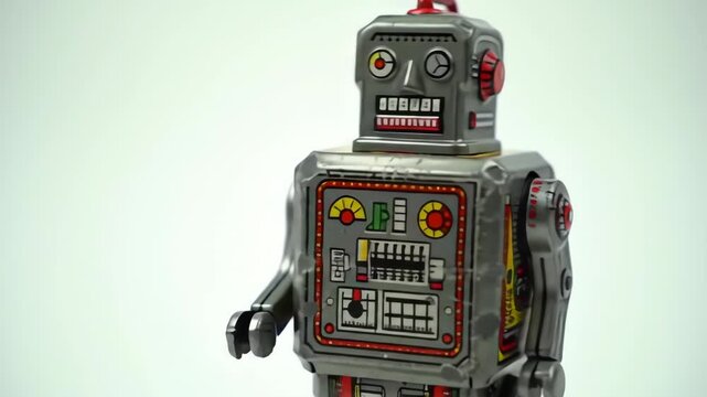 Retro tin toy robot with intricate details and a friendly face, isolated on white background