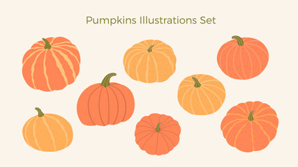 Orange and yellow pumpkins set. Thanksgiving, Halloween, stickers, seasonal pumpkins designs. Hand-drawn doodle pumpkins in various shapes and sizes. Autumn harvest. Vector illustration, flat, doodle