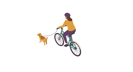 Naklejka premium Isometric cycling with dog on leash - outdoor activity concept