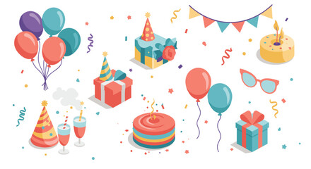 Colorful party elements with gifts, balloons, and decorations in flat style for celebrations