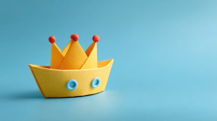 Bright Yellow Paper Crown with Colorful Pom Poms on a Soft Blue Background for Playful Decor, Child's Birthday Party, or Creative Crafts Activities