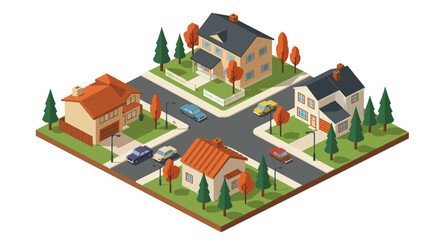Isometric autumn neighborhood with cars and trees in suburban setting