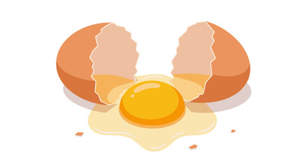 Cracked egg with yolk on white background in flat cartoon style
