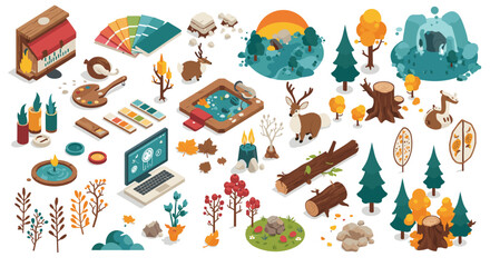 Cozy autumn elements in isometric style: nature, wildlife, and art supplies