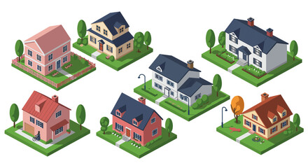 Charming isometric suburban houses set with green lawns and trees