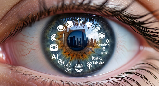 Close-up of a human eye reflecting a cityscape and various technology and AI related icons, symbolizing the future and innovation.