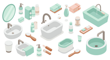 Fototapeta premium Modern isometric bathroom essentials with pastel green accents and minimalist design