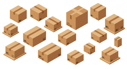 Fototapeta premium Isometric cardboard boxes collection for shipping and packaging design