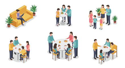 Fototapeta premium Isometric family interactions: dining, teaching, and relaxing at home