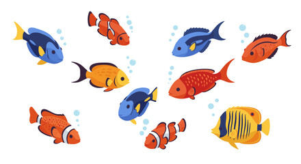 Naklejka premium Colorful tropical fish collection with aquatic creatures and marine life