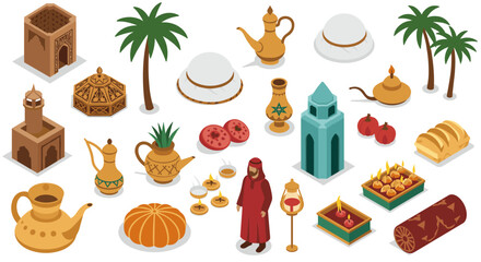 Isometric middle eastern cultural elements with architecture and traditional items