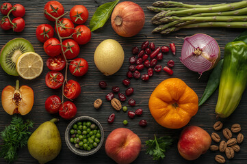 Fresh colorful assortment of fruits and vegetables including tomatoes, kiwi, bell peppers, berries, and greens on a dark wooden background, promoting healthy eating, organic living, and vibrant nutrit
