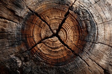 Naklejka premium Detailed macro, top-down view of a cross-section of a large tree trunk, showing the intricate pattern of growth rings, cracks, and the rough texture.