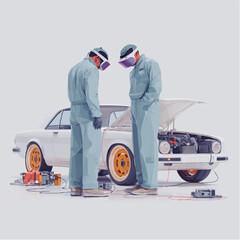 people wearing viar glasses are repairing a car. technology, vector graphics