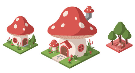 Fototapeta premium Whimsical isometric mushroom house in a pastoral forest setting