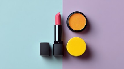 Stylish makeup products elegantly arranged on a colorful background showcasing vibrant lipstick and creamy pots of eyeshadow for a beauty-themed visual appeal