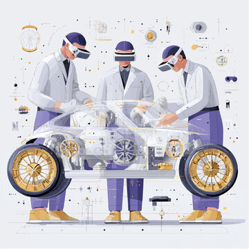 people wearing viar glasses are repairing a car. technology, vector graphics