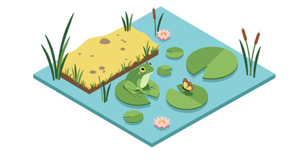 Isometric frog on lily pad with butterfly in peaceful wetland scene