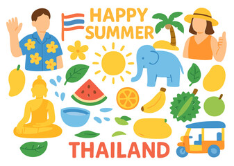 Flat Design Happy Summer Thailand Icon Set