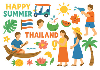 Flat Design Happy Summer Thailand Icon Set
