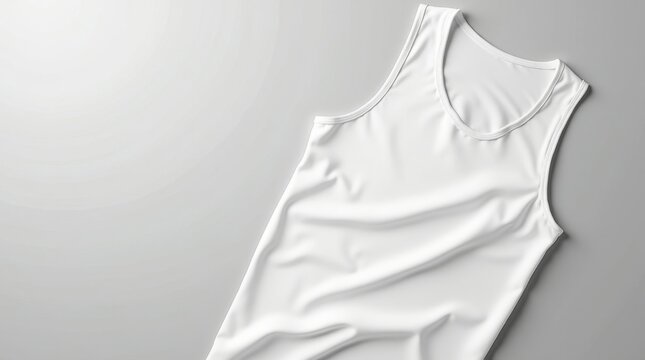 Maqueta minimalista de camiseta sin mangas blanca colocada sobre una superficie gris elegante y limpia con una textura sutil, perfecta para exhibir ropa deportiva