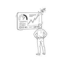 Minimalist line art of a person monitoring a performance dashboard with a graph showing growth leading to a rocket launch. Business startup success concept.