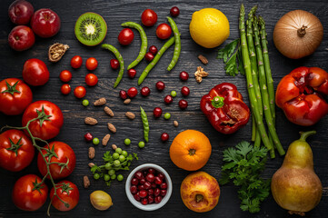 Fresh colorful assortment of fruits and vegetables including tomatoes, kiwi, bell peppers, berries, and greens on a dark wooden background, promoting healthy eating, organic living, and vibrant nutrit