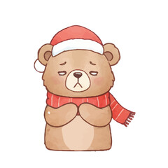 watercolor cute cartoon  bear is sad  at christmas 