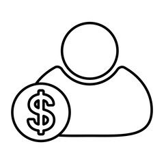 Simple line art icon of a person with a dollar coin, symbolizing personal finance, user accounts, income, and business costs