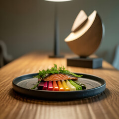 Grilled salmon fillet atop colorful julienned root vegetables garnished with fresh herbs