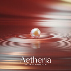 Iridescent pearl sits on rippling metallic surface with soft light reflections