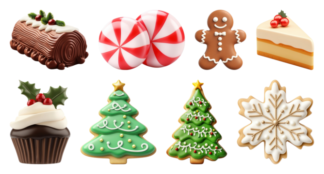PNG Festive holiday-themed sweet treats, element set on transparent background