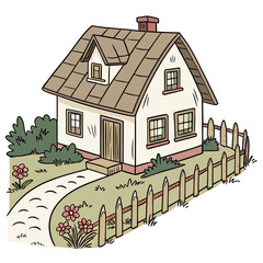 Cartoon house with garden and fence home building