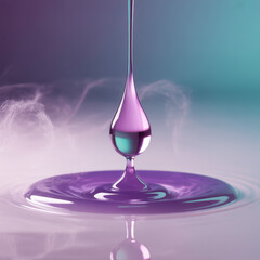 A single purple liquid drop forming ripples on a reflective surface abstract