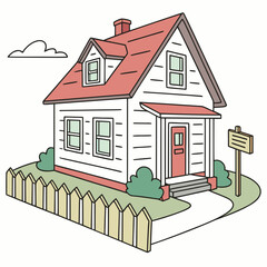 Cartoon house with red roof fence and for sale sign Keywords: house, home, residential, building