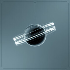 A dark reflective sphere with glowing white light trails orbiting around its center