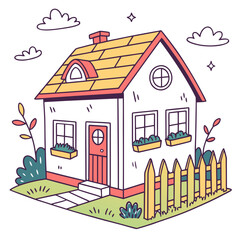 Cartoon house with yellow roof and picket fence home