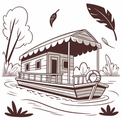 Cartoon Houseboat with Life Ring and Feathers river