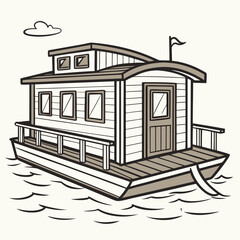 Cartoon Houseboat Floating on Water river